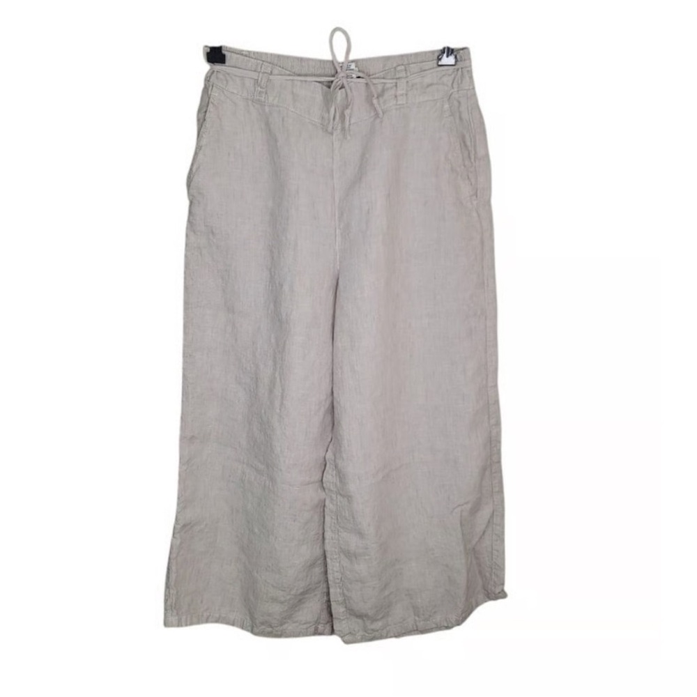 Halston Women’s Cropped 100% Linen Pants Drawstring Side Pockets Oatmeal Large